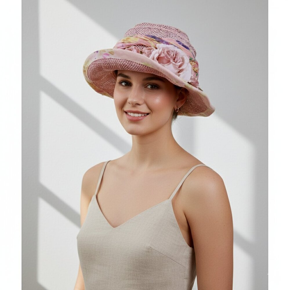 Barbara Ellen Floral Ribbon Bowler Sun‎ Hat Pink Women One Size